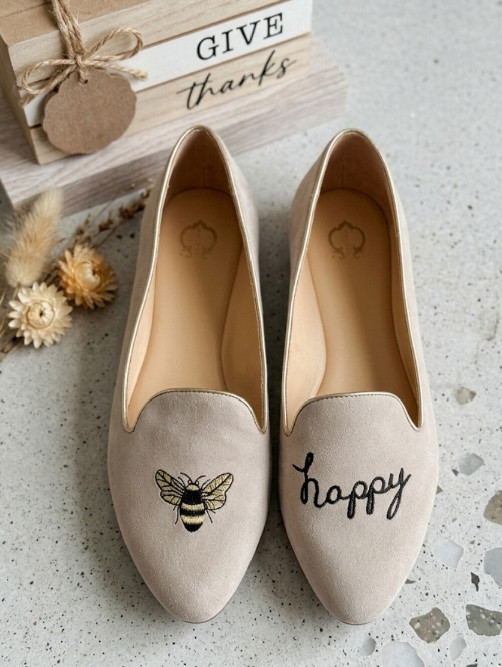 Neutral Beige Women's Loafers with Embroidered Bee & "Happy" Detail 9.5